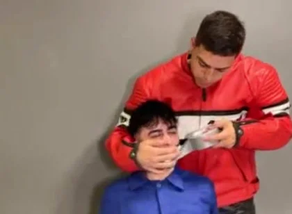 Bound leather biker cum