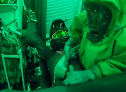 Hazmat gear boys fucking biker in sling