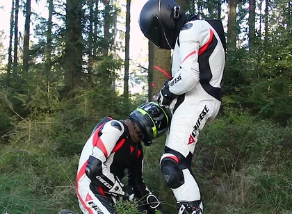 Bikers wank outdoos with cum on helmet