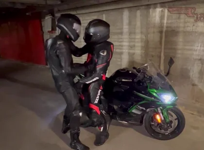 Biker gear gloved leather suit cuming