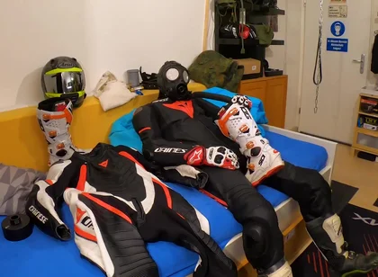 Wanking in biker suit cum