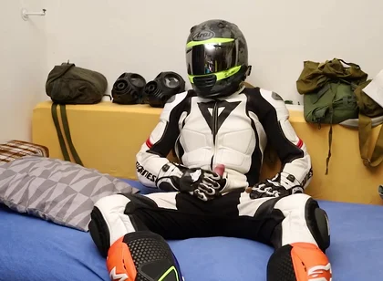 Leather biker cuming in gear